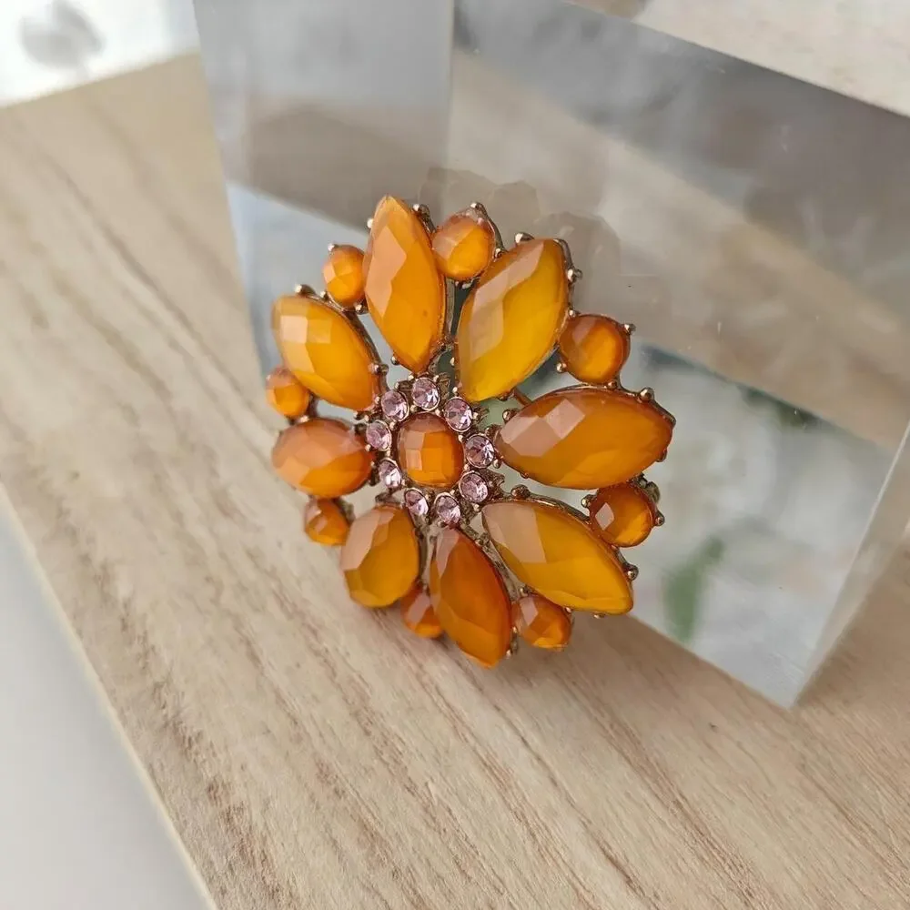 Liz Claiborne signed orange and pink floral glass brooch